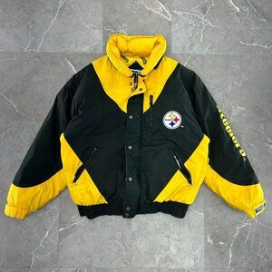 Vintage Pittsburgh Steelers Jacket Mens XL Puffer Coat Hidden Hood Full Zip NFL